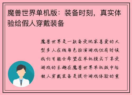 魔兽世界单机版：装备时刻，真实体验给假人穿戴装备